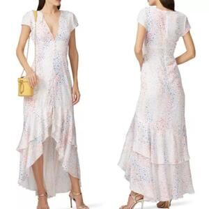 Hutch Multi Heart Short Sleeve V-Neck Button Front Hi-Low Maxi Dress White 12